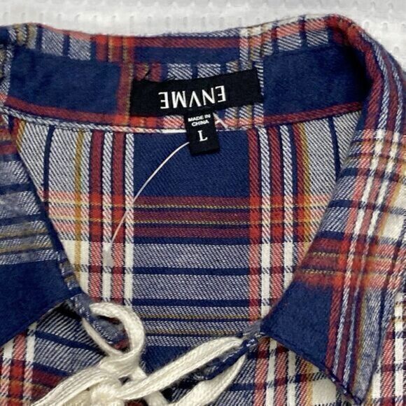 ENVME Long Tunic Flannel Dress Womens Sz Large Red Blue Plaid Lace Up NEW - Picture 13 of 14